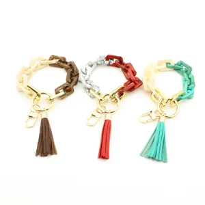 Portachiavi con catena in acrilico e nappe in pelle set da tre pezzi accessori borse