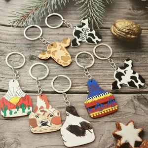 Portachiavi in Legno Stile Western Cowboy Forma Testa di Mucca Targhetta Ciondolo Stampato Legno Anello Metallo per Borse