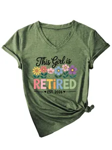 Donna Collo V Manica Corta Maglietta Verde Oliva Retired Stampa Lettera Casual Top