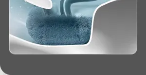 Close-up detail of the flexible silicone toilet brush head cleaning toilet bowl inner wall.