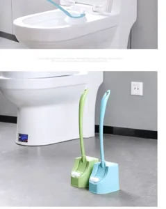 Long handle toilet brush set for bathroom cleaning, wall mounted design with holder.