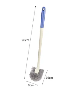 Household long-handled toilet brush with soft bristles and wall-mounted design for clean bathroom.