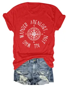 Rotes Damen Kurzarm T-Shirt mit Kompass Grafikdruck, lässiges Rundhals Oberteil casual.