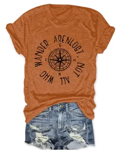 Lässiges Damen Kurzarm T-Shirt mit Kompass-Druck, oranges stylisches Oberteil für den Alltag.