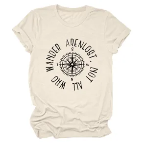 Beige Rundhals Kurzarm T-Shirt fuer Damen mit vintage Kompass Grafik und modischem Print.