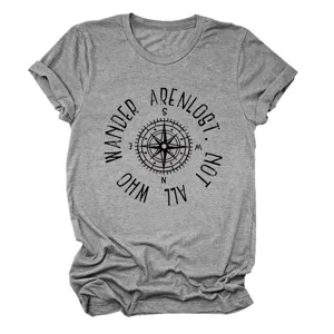 Graues Damen T-Shirt mit kurzem Arm, Rundhalsausschnitt und Vintage Kompass Druck.