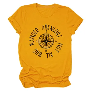 Damen lässiges Rundhals Kurzarm T-Shirt mit Kompass Druck für bequeme Freizeit und Alltag.