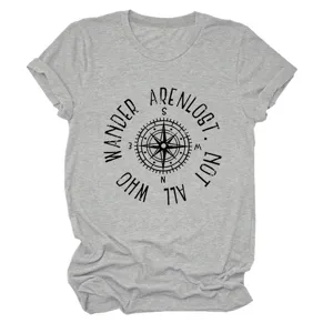 Graues Damen Kurzarm T-Shirt mit Kompass Grafik und inspirierendem Aufdruck Detail.