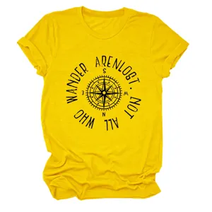 Helles gelbes Damen Kurzarm T-Shirt mit Kompass-Print, lässiges Sommer Mode Oberteil.