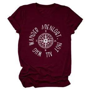 Damen Burgunderrot Kurzarm T-Shirt mit modischem Kompass Grafikdruck Freizeit Top neu.