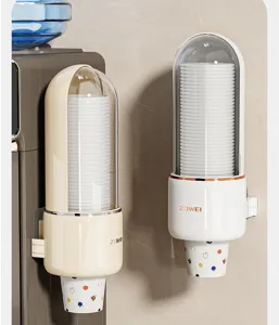 Wall-mounted disposable paper cup dispenser detail view, clear dust-proof cover design.