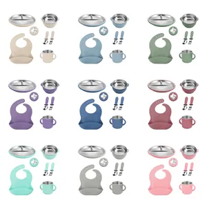 Stainless steel baby feeding set with silicone bib divided plate bowl cup fork spoon