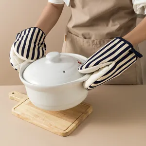 Blue and white striped kitchen oven mitts heat resistant gloves for baking and cooking, pair.