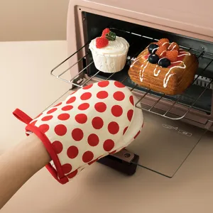 Red and white polka dot oven mitt heat resistant kitchen baking glove for cooking safe