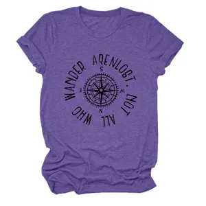 Damen lila Kurzarm T-Shirt mit Kompass Print lässiges Sommer Oberteil Bekleidung