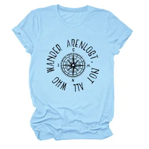 Hellblaue Damen Casual Kurzarm T-Shirt mit Vintage Kompass Grafik Print stylisches Oberteil.