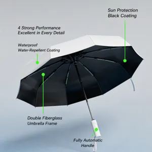 Automatic folding sun umbrella with UV protection black glue layer and waterproof coating.