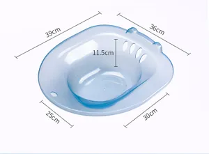Plastic sitz bath basin detail view showing product dimensions, hole and ergonomic curve design.