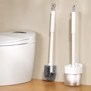 Home toilet brush set with long handle and holder for bathroom deep cleaning and wall mounting.