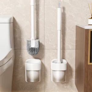 Modern wall-mounted toilet brush set with long handle and holder for bathroom cleaning.