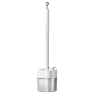 Modern white toilet brush set with holder, long handle wall-mounted cleaning tool for bathroom.
