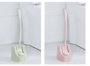 Detail view of plastic toilet brush set with holder, long handle, bathroom cleaning tool.