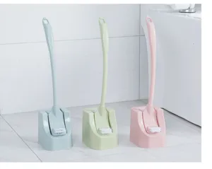 Plastic long-handled toilet brush set with holder, hygienic cleaning tool for bathroom use.