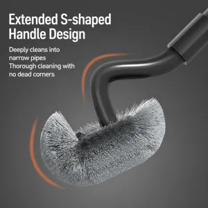 Toilet bowl brush with extended S-shaped handle and curved head for deep cleaning.
