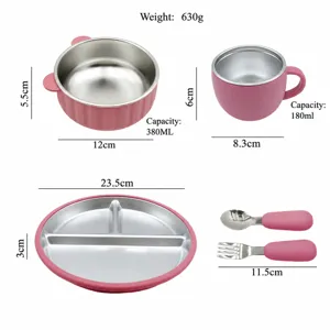 Baby stainless steel partitioned plate bowl cup spoon fork set size chart details info.