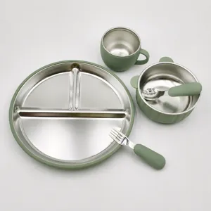 Stainless steel baby divided plate set with silicone bowl, cup, and spoon fork for kids feeding.