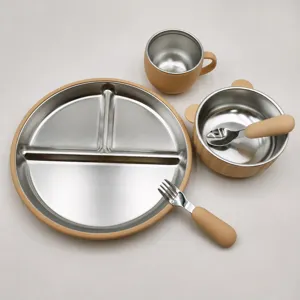 Stainless steel baby section plate bowl cup spoon fork tableware set detail display view.