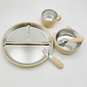 Stainless steel baby suction compartment plate set with bowl cup spoon for kids feeding.