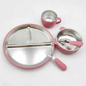 Stainless steel baby divided plate set with silicone bowl cup spoon fork pink toddler tableware