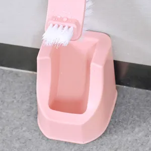 Pink toilet brush set with holder, punch-free long handle cleaning brush for bathroom.