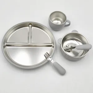 Stainless steel baby divided plate bowl cup spoon fork set with silicone handle detail view
