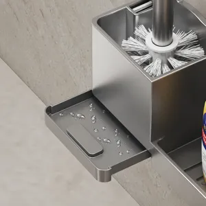 Wall-mounted toilet brush holder with pull-out drip tray, easy bathroom cleaning tool