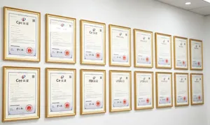 Vue détaillée des certificats officiels de conformité et de sécurité sur un mur propre.