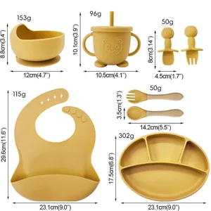 Baby silicone feeding set, infant weaning bowl, divided plate, spoon, fork, bib set.