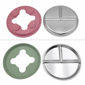 Stainless steel baby divided plate with silicone suction base toddler feeding food tray.