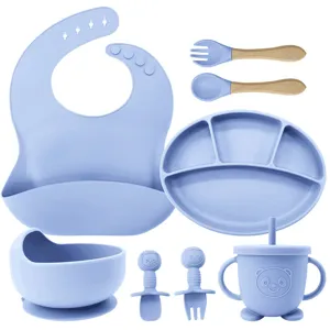 Baby silicone tableware set infant weaning feeding bowl plate bib spoon cup light blue