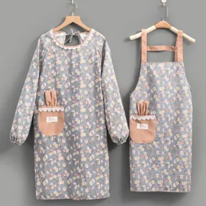 Lindo Delantal de Cocina Floral Bata de Manga Larga Con Orejas de Conejo Encaje Tela de Algodón Antimanchas Para Mujer