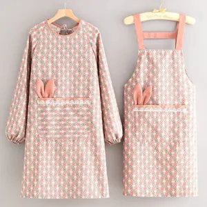 Delantal de Lona con Estampado Geométrico Delantal de Babero de Manga Larga con Bolsillos Lindas Orejas de Conejo Cocina Limpieza del Hogar