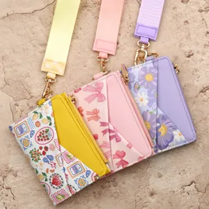 Women Fashion Printed PU Leather Wallet With Wrist Strap Keychain Bi-Fold Card Holder Small Coin Purse Floral Heart Leopard Print Waterproof Wallet