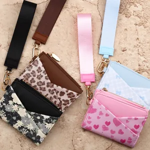 Women leather card holder wallet set with wrist strap floral leopard heart print coin purse
