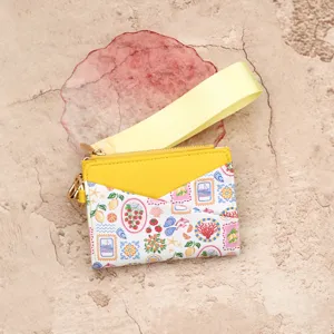 Women leather card holder coin purse with wrist strap and cute print wallet for daily use