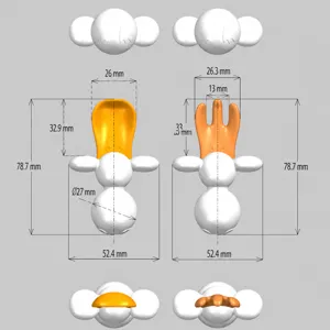 Silicone baby spoon and fork detail dimension drawing for infant feeding duck training tableware.