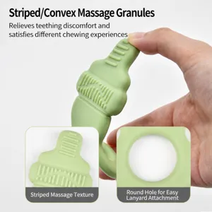 Silicone baby teether detail close-up showing textured granules and ergonomic grip design.