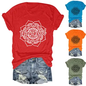 Women casual short sleeve T-shirt with thankful floral print and denim shorts variant set.