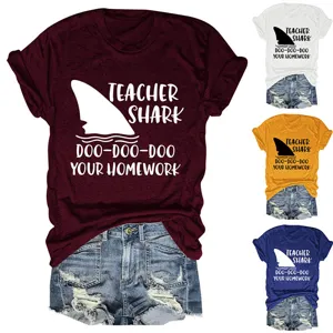 Dames leraar haai korte mouw t-shirt casual grappig grafische top zomer ronde hals.