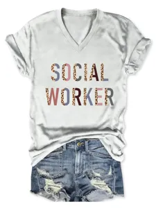 Dames V-Hals Korte Mouw T-Shirt Casual Social Worker Print Zomer Mode Top Shirt